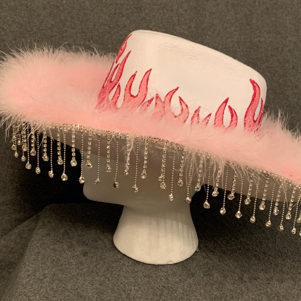 Pink and White CowGirl Hat with bedazzled fringed